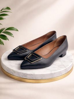 EZOK - Women Black Leather Heels Flats
