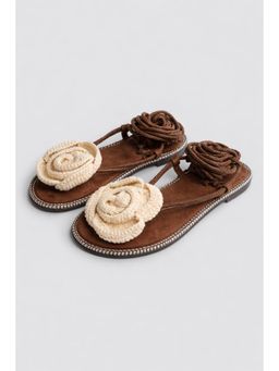 EZOK - Women Brown Floral Woven Fabric Sandals