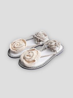 EZOK - Women Cream Floral Woven Fabric Sandals