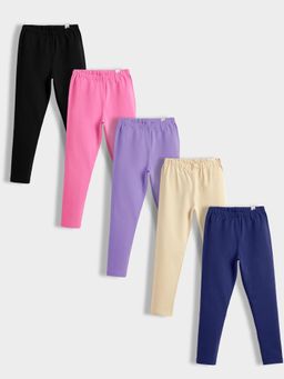 Orange Sugar - Girls Multi-Color Cotton Solid Stretchable Leggings (Pack of 5)