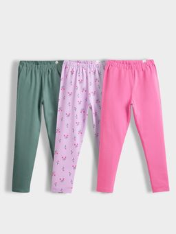 Orange Sugar - Girls Multi-Color Cotton Lycra Stretchable Leggings (Pack of 3)