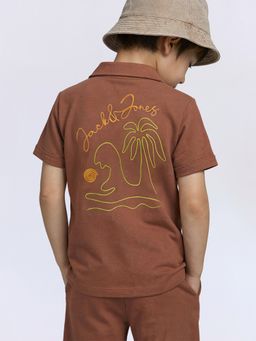 Jack & Jones Junior - Boys Brown Cuban Collar Cotton Embroidered Shirt