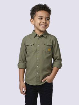 Jack & Jones Junior - Boys Green Linen Blend Regular Fit Shirt