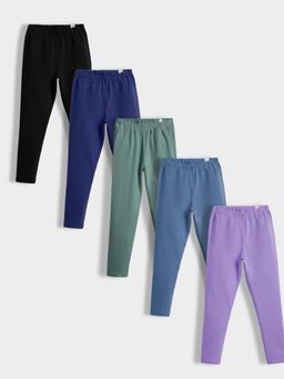 Orange Sugar - Girls Multi-Color Cotton Lycra Stretchable Leggings (Pack of 5)