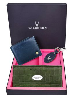 WILDHORN - Premium Leather Ladies Wallet, Mens Wallet and Keychain Gift -1K_GNCR_2052BLCR_K (Set of 3)