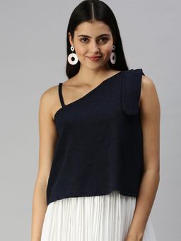 SHOWOFF - Women One Shoulder Sleeveless Ribbed Navy Blue Top