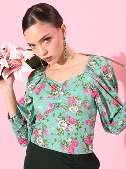 Style Quotient - Women Multi-Color Floral Print Sweetheart Neck Crop Top (S)