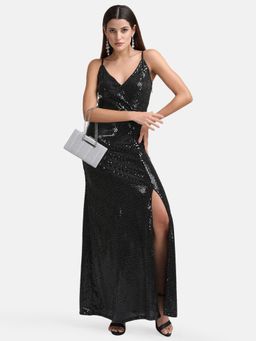 Kazo - x Janhvi Kapoor Black Stick-on Sequin Wrap Maxi Dress