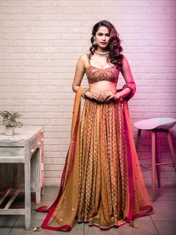 Aaryaa By Kashveen Kohli - Mustard Embroidered Lehenga with Blouse and Dupatta (Set of 3)