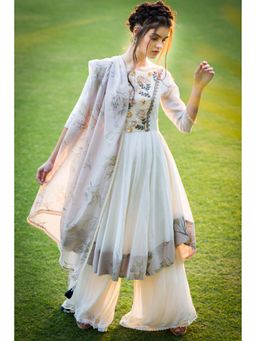 Aaryaa By Kashveen Kohli - Off White Chanderi Anarkali with Palazzo and Dupatta (Set of 3)