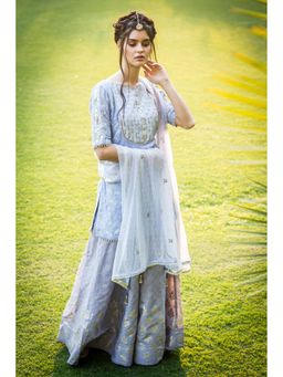 Aaryaa By Kashveen Kohli - Blue Embroidered Kurta with Foil Print Sharara and Dupatta (Set of 3)