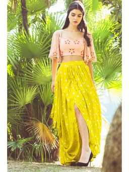Aaryaa By Kashveen Kohli - Lime Green Draped Skirt with Crop Top (Set of 2)