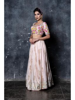 Aaryaa By Kashveen Kohli - Nude Pink Foil Print Skirt with Crop Top (Set of 2)