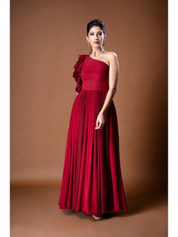 Aaryaa By Kashveen Kohli - Red Pure Crepe One Shoulder Gown