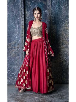 Aaryaa By Kashveen Kohli - Red Embroidered Blouse with Lehenga and Jacket (Set of 3)