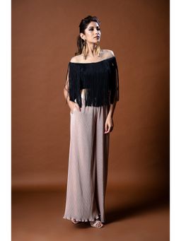 Aaryaa By Kashveen Kohli - Black Fringe Crop Top with Pleated Palazzo (Set of 2)