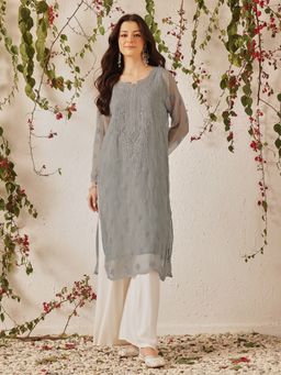 ADA - Hand Embroidered Grey Georgette Lucknowi Chikankari Kurta With Slip (Set Of 2) (XS) (A130748)