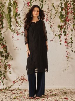 ADA - Hand Embroidered Black Georgette Lucknow Chikan Kurta with Slip (Set of 2) (XS) (A165598)