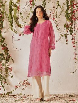 ADA - Embroidered Pink Georgette Lucknow Chikan Kurta With Slip (Set of 2) (XS) (A130755)