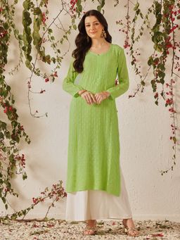 ADA - Hand Embroidered Green Viscose Georgette Lucknowi Chikan Kurta