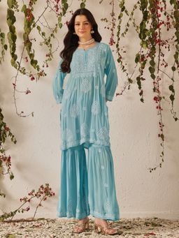 ADA - Hand Embroidered Lucknowi Chikankari Blue Modal Kurta and Gharara (Set of 2)