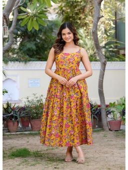 MANOJAVA - Women Rayon Printed Trendy Mustard Dress