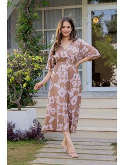 MANOJAVA - Women Rayon Printed Trendy Beige Dress