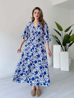 MANOJAVA - Women Rayon Printed Trendy Blue Dress