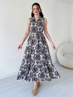 MANOJAVA - Women Rayon Printed Trendy Blue Dress