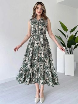 MANOJAVA - Women Rayon Printed Trendy Green Dress