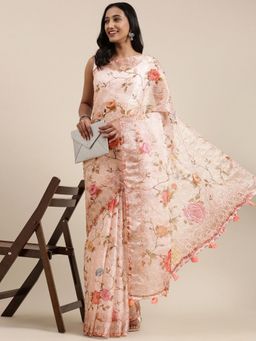 Vastranand - Pink Floral Embroidered Organza Saree with Unstitched Blouse