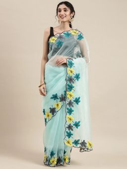 Vastranand - Turquoise Blue Ethnic Motifs Organza Saree with Unstitched Blouse
