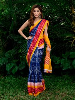 Beatitude - Blue Yellow Saree with Unstitched Blouse