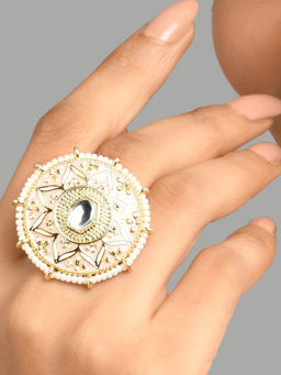 Fida - Wedding Handmade Bridal Ethnic Gold -Plated Floral Pearl Kundan Ring for Women