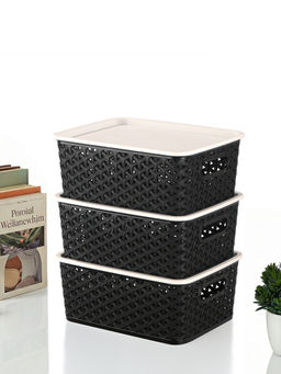 Kuber Industries - Black Plastic Solitaire Storage Basket with Lid (Pack Of 3)