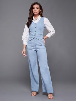 Miss Chase - Women's Light Blue Wide-Leg High Rise Light-weight Denim Co-Ord Set