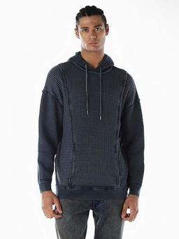 Jack & Jones - Men Textured Oversized Navy Blue Hoodies