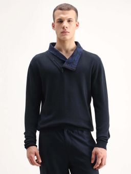 Rare Rabbit - Mensdenver-25 Navy Blue Cotton Fabric Full Sleeve Plain Sweater