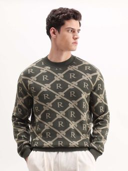 Rare Rabbit - Mens Post Dark Olive Acrylic Fabric Full Sleeve Printed Sweater