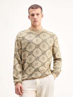 Rare Rabbit - Mens Post Beige Acrylic Fabric Full Sleeve Printed Sweater