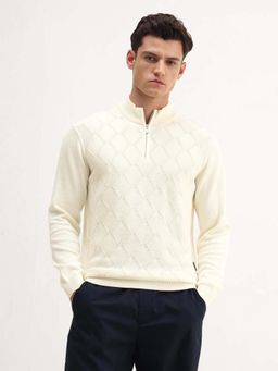 Rare Rabbit - Mens Toyed Off White Cotton Fabric Full Sleeve High Neck Sweater