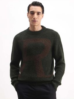 Rare Rabbit - Mens Lang Dark Olive Nylon Fabric Regular Fit Sweater