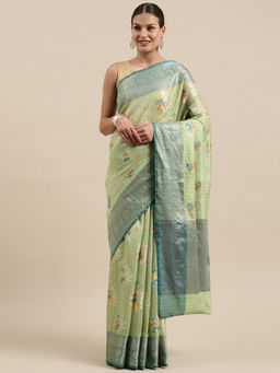 Banarasi Silk Works - Green Mulberry Silk Tilfi Boota Zari Border Saree with Unstitched Blouse