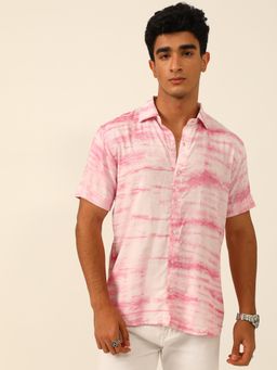 JAVINISHKA - Pink Striped Sustainable Tie Dye Pashmina Slim Fit Unisex Shirt