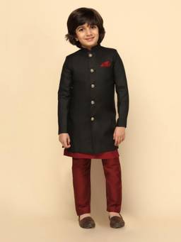 KISAH - Boys Red Solid Dyed Kurta with Indowestern Sherwani and Pyjama