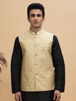 NEUDIS - Men Yellow Jacquard Ethnic Motif Silk Blend Nehru Jacket