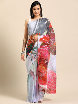 Tikhi Imli - Multi-Color Digital Floral Print Pleated Saree with Unstitched Blouse