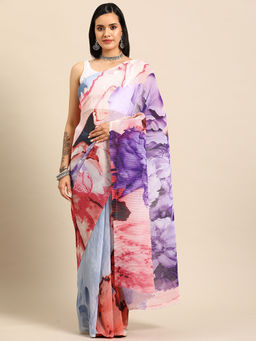 Tikhi Imli - Multi-Color Digital Floral Printed Pleated Saree with Unstitched Blouse