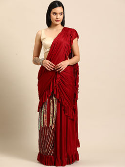 Tikhi Imli - Maroon Embellished Sequined Saree with Unstitched Blouse