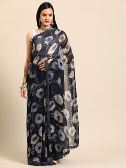 Tikhi Imli - Navy Blue Floral Print Crochet Border Saree with Unstitched Blouse